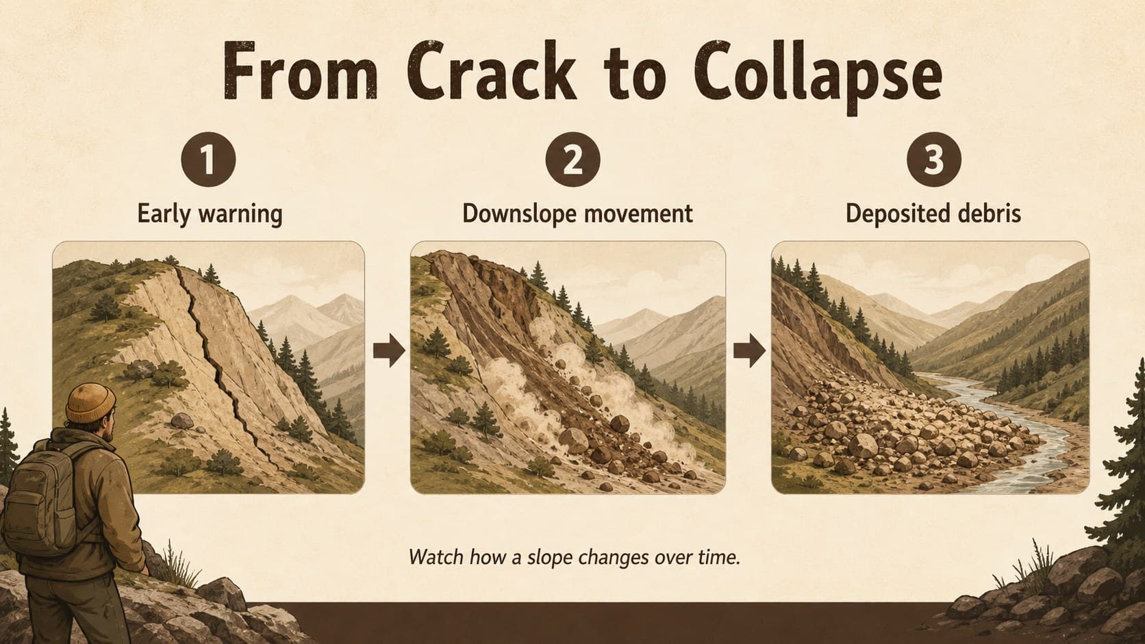 Landslide movement sequence showing slope change from first crack to displaced ground.