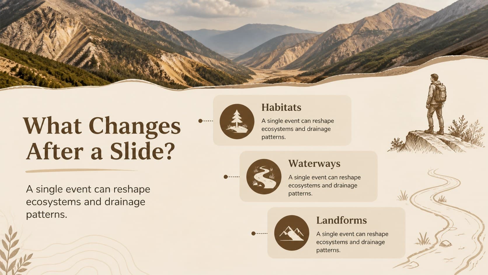 Environmental impacts slide describing habitat damage, blocked waterways, and altered landscapes.