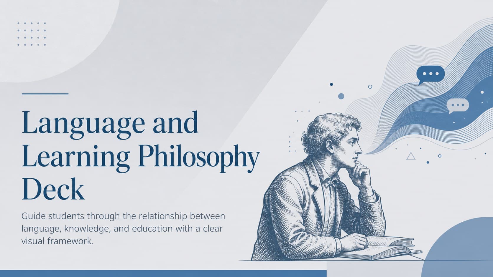 Cover of the Language and Learning Philosophy Deck in a modern blue and grey academic style.