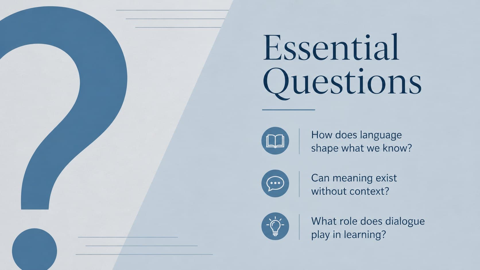 Essential questions slide for a philosophy of language teaching deck.