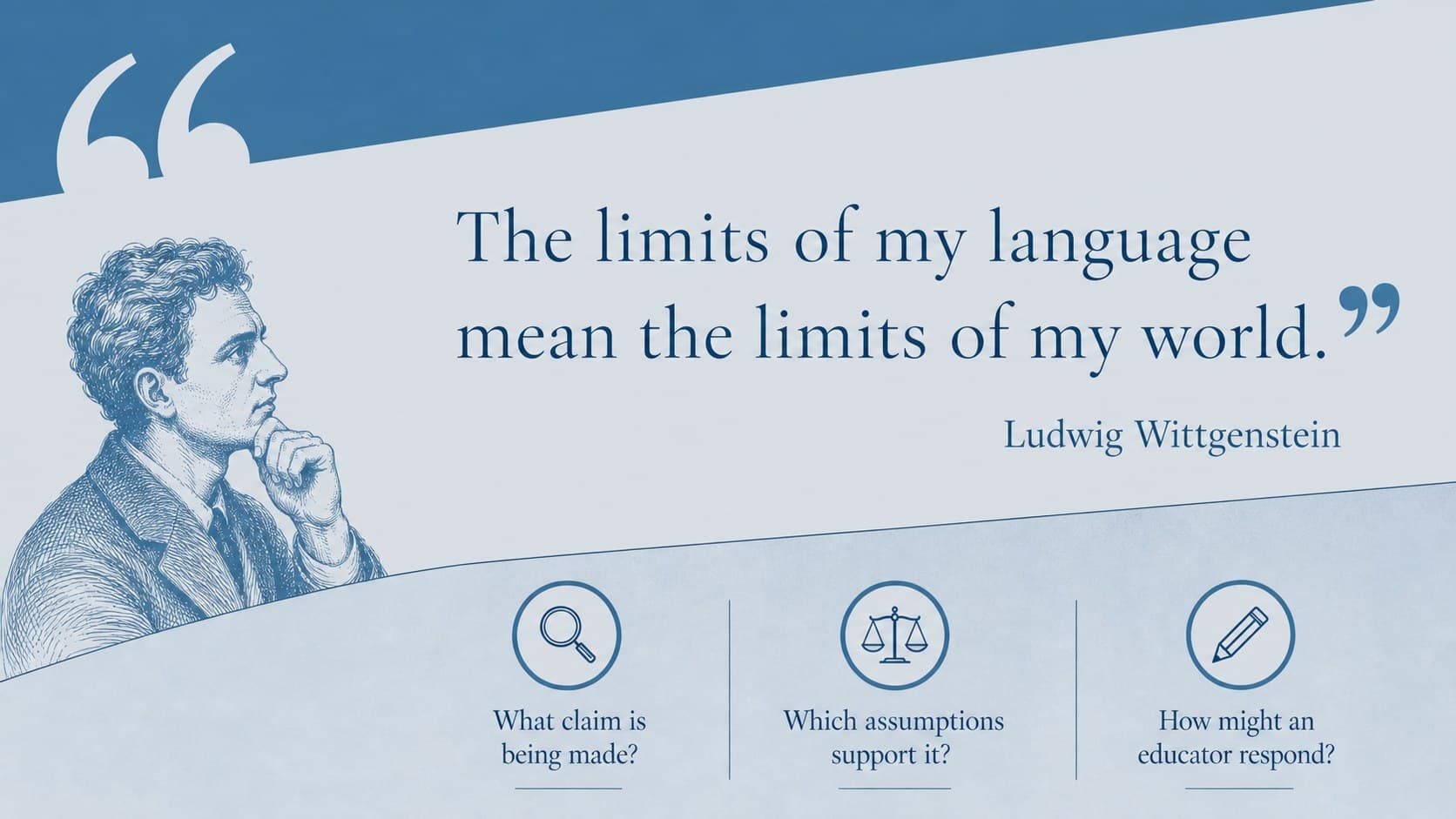 Quotation analysis layout for a linguistic philosophy presentation.