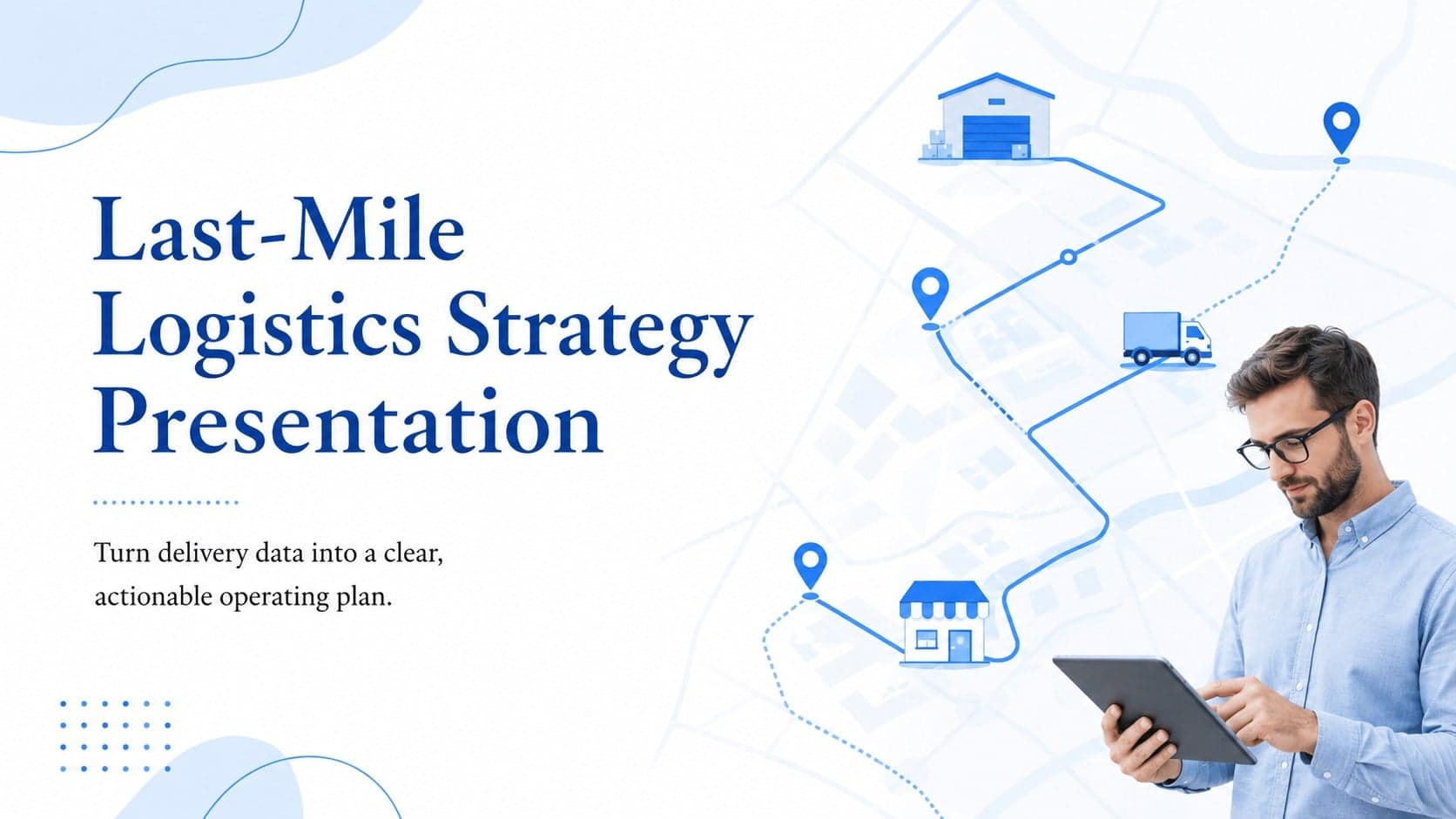 Blue-and-white cover for a last-mile logistics strategy presentation with an original delivery network illustration.