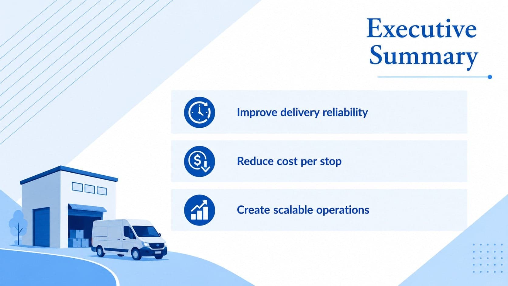 Executive summary slide presenting three priorities for a last-mile logistics strategy.