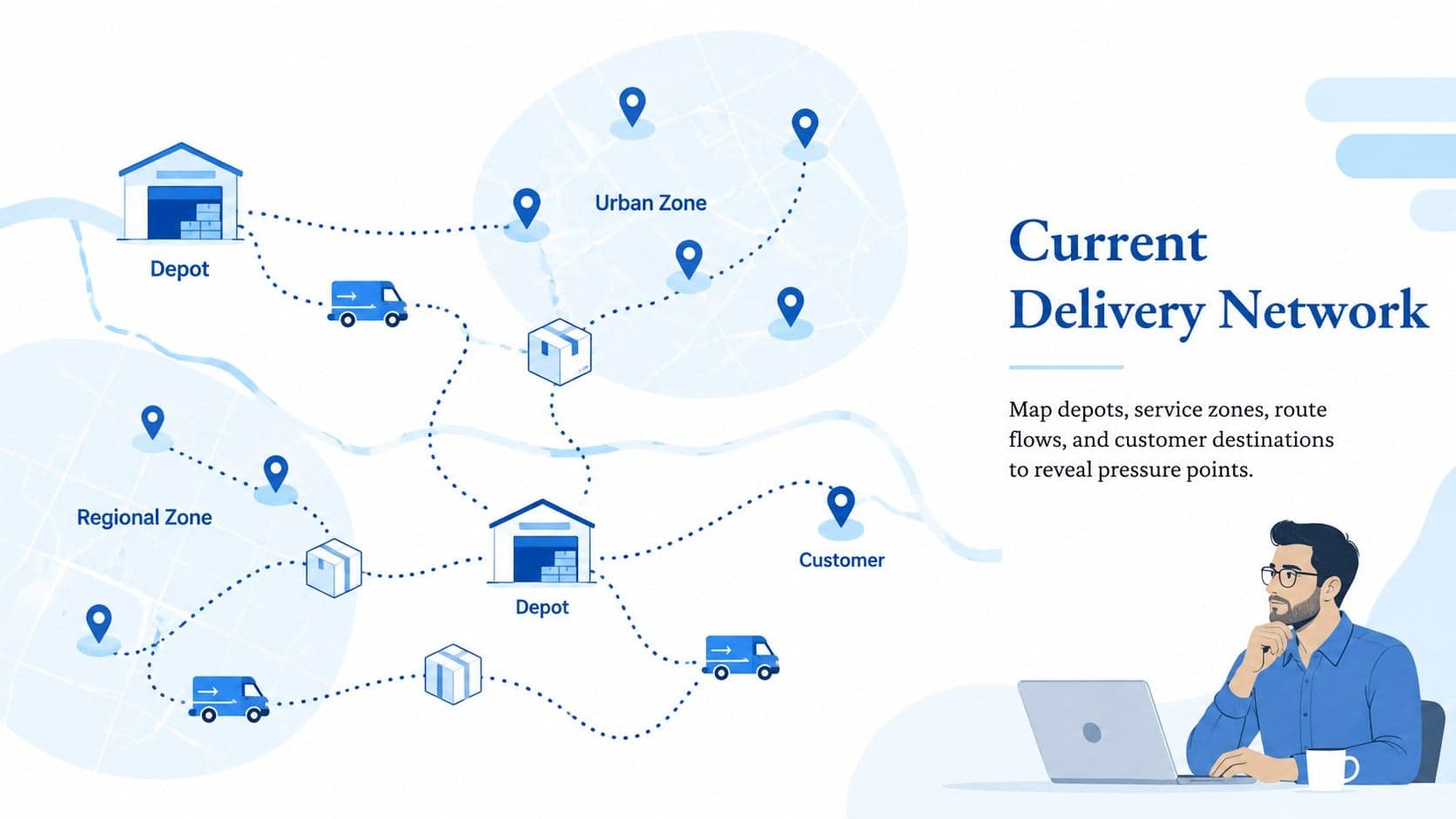 Current-state logistics slide mapping depot, routes, delivery zones, and customer destinations.