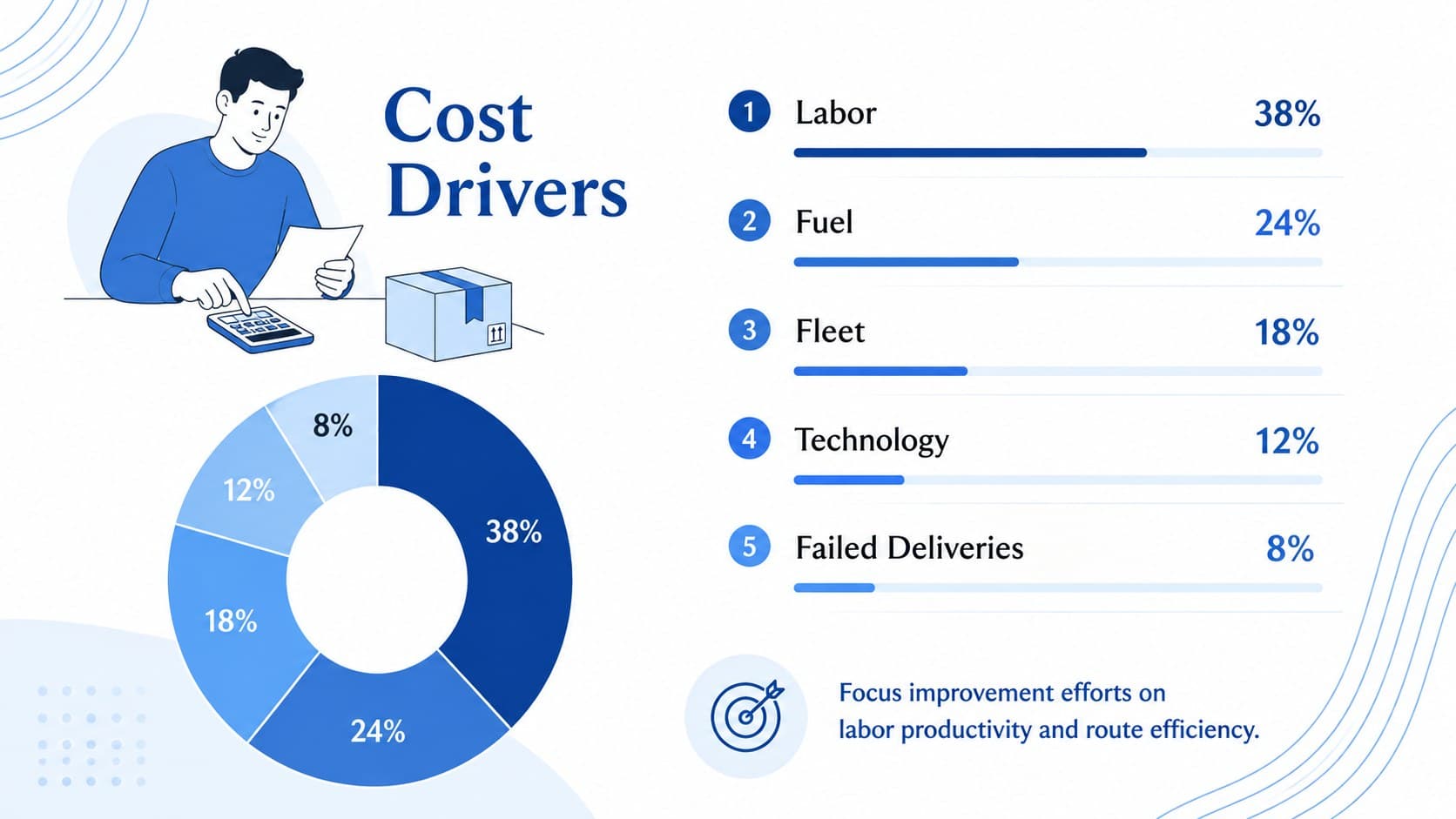 Transport cost analysis slide breaking down labor, fuel, fleet, technology, and failed delivery expenses.