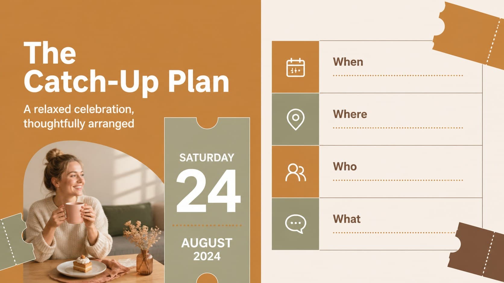 Birthday gathering plan slide organizing date, place, guests, and celebration details.