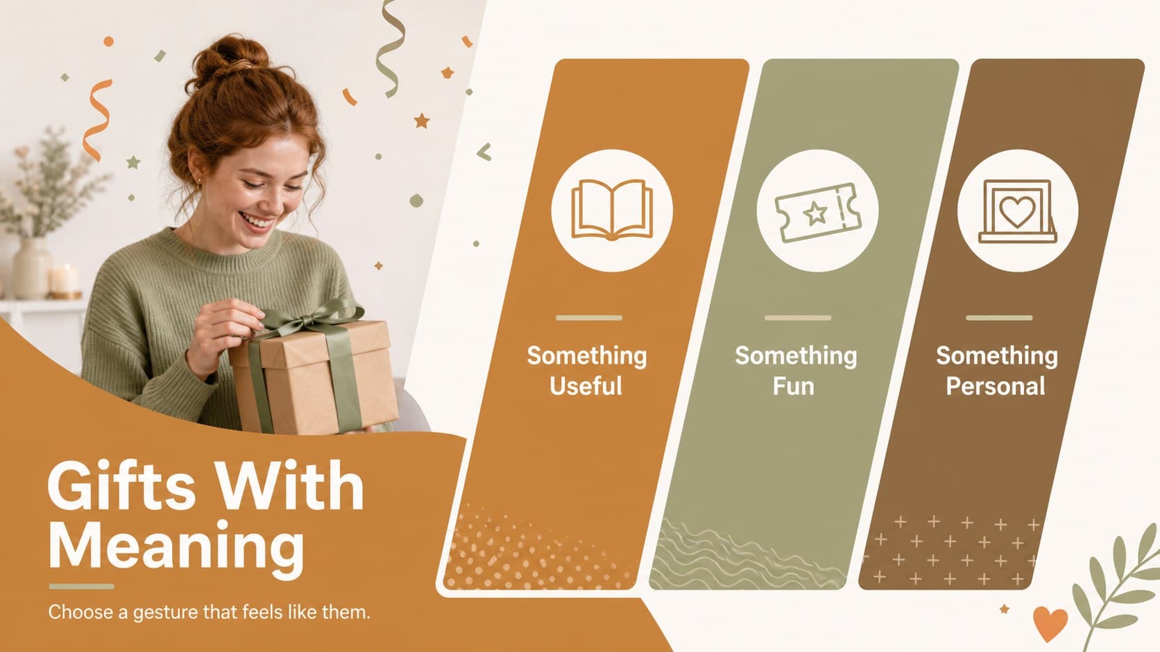 Late birthday gift ideas slide with three categorized suggestions in warm geometric styling.