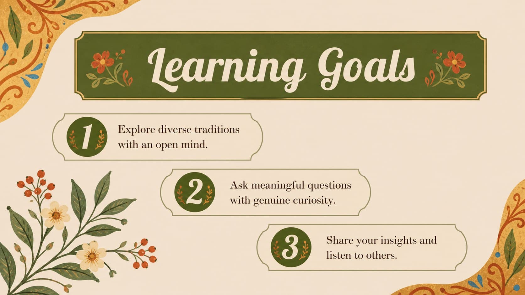 Lesson goals slide for an illustrated Latino culture lesson with colorful botanical decoration.