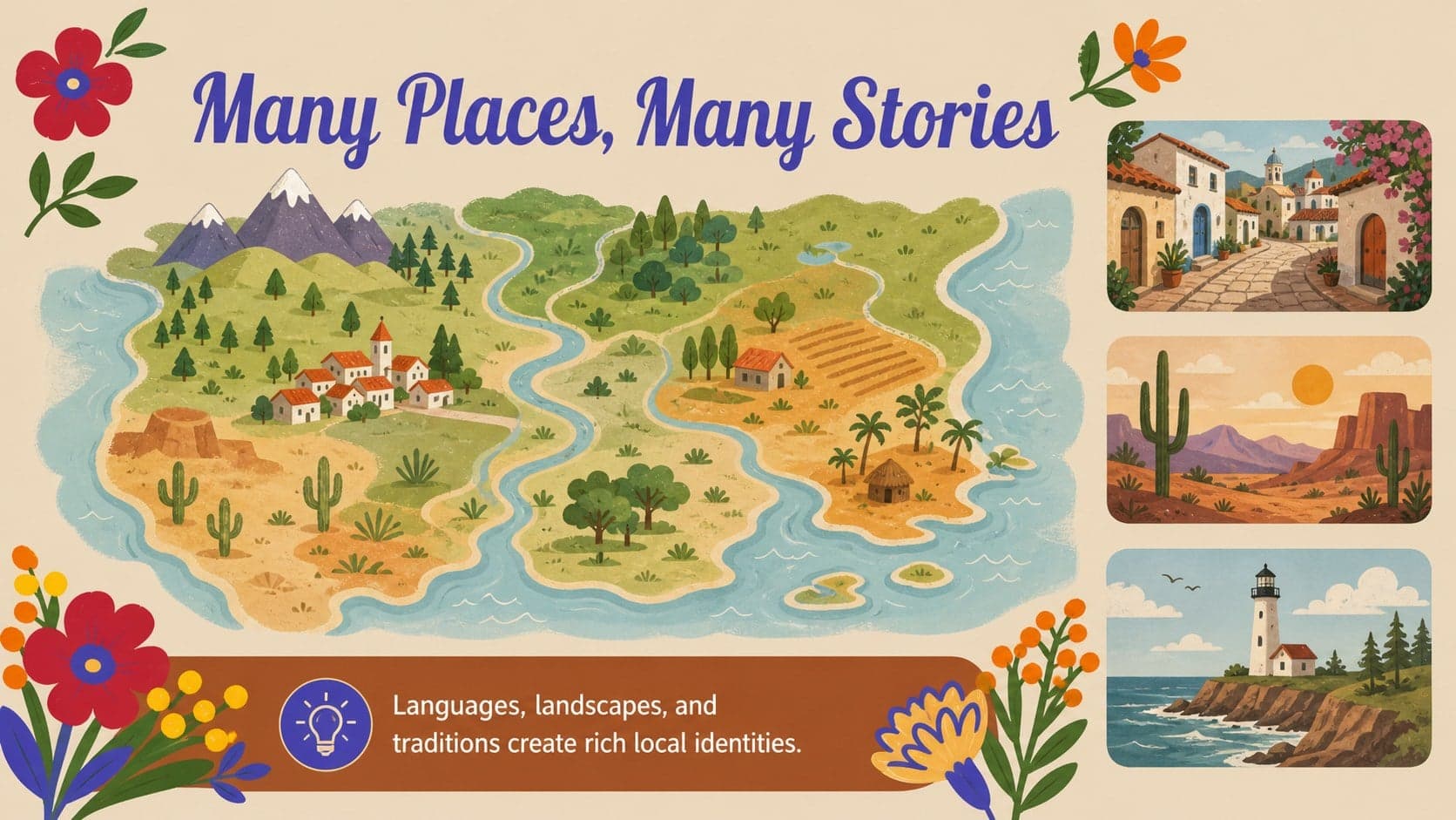 Cultural snapshot slide presenting regional traditions in a Latino culture classroom deck.