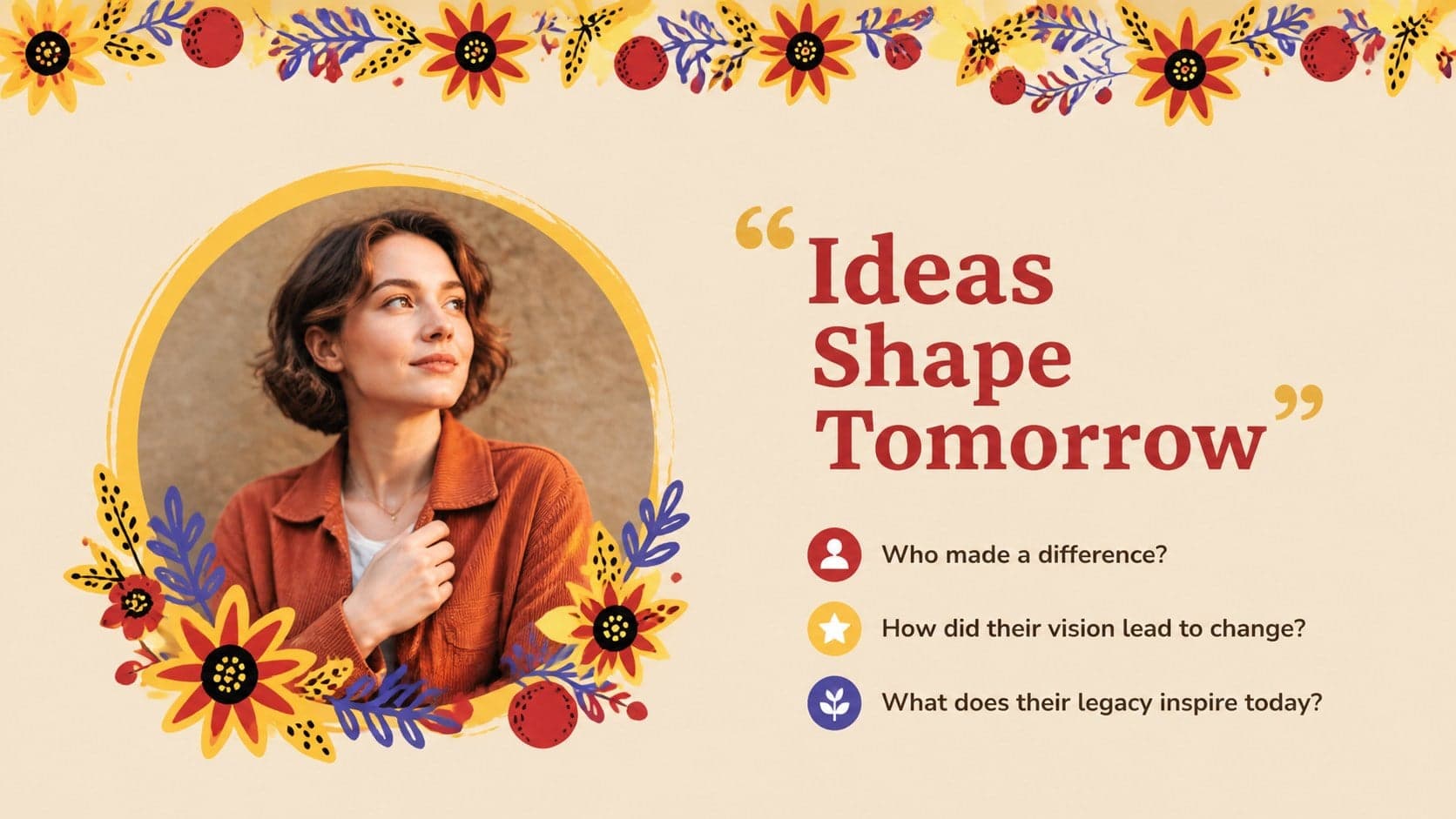 Featured contributor slide with portrait space for a Latino history activity presentation.