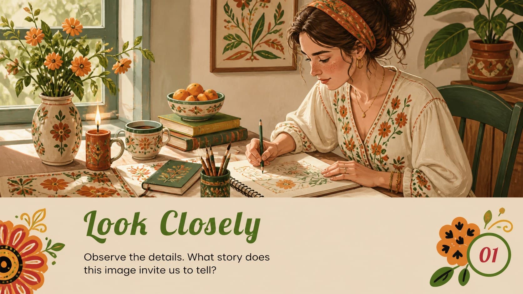 Image-led storytelling slide for an illustrated Latino culture lesson with a caption area.