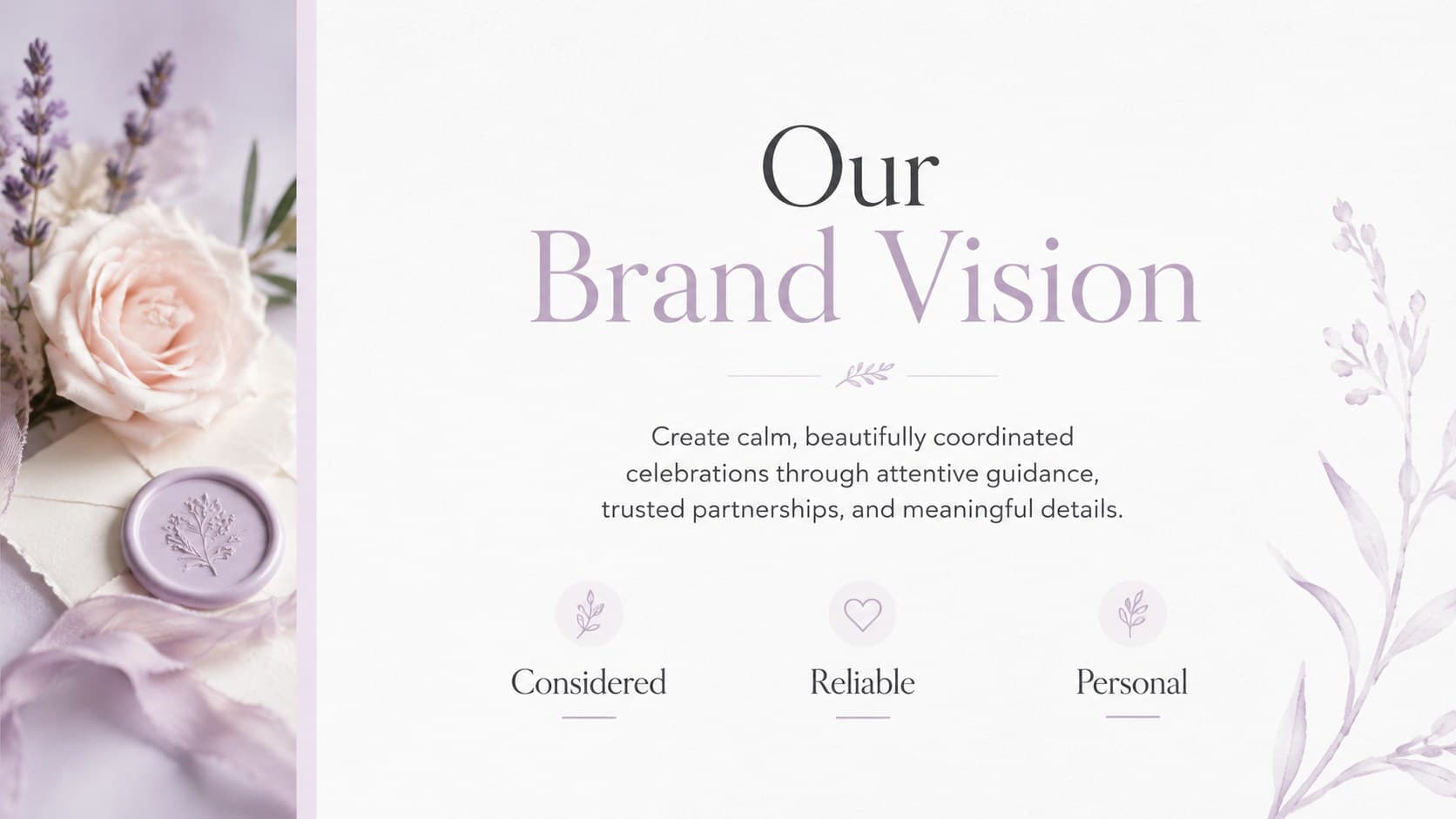 Lavender brand vision slide for a boutique wedding planning studio business strategy.