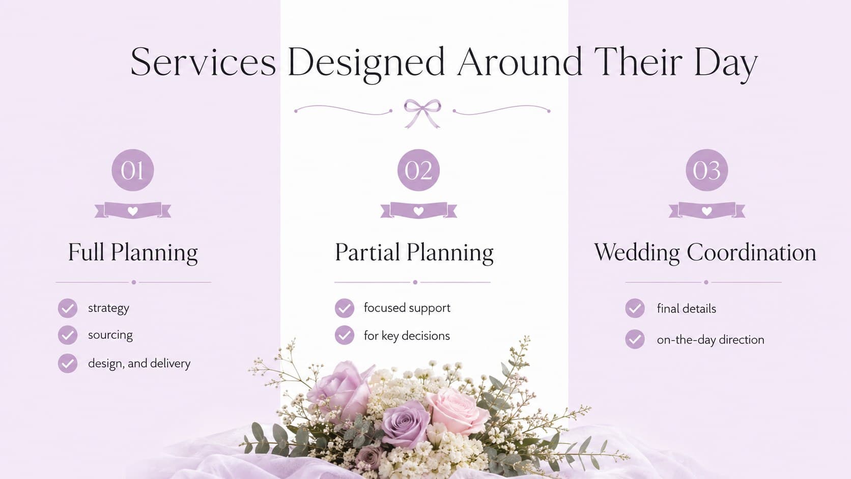 Wedding planning service package comparison in an elegant lavender presentation layout.