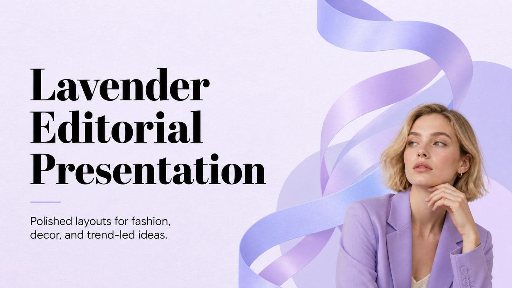 Cover slide for a lavender editorial presentation with an elegant pastel purple composition.