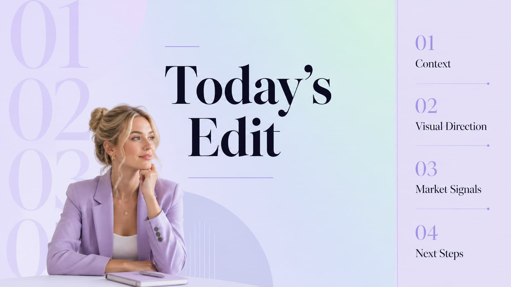 Agenda slide outlining a lavender editorial presentation for fashion, decor, and trend topics.