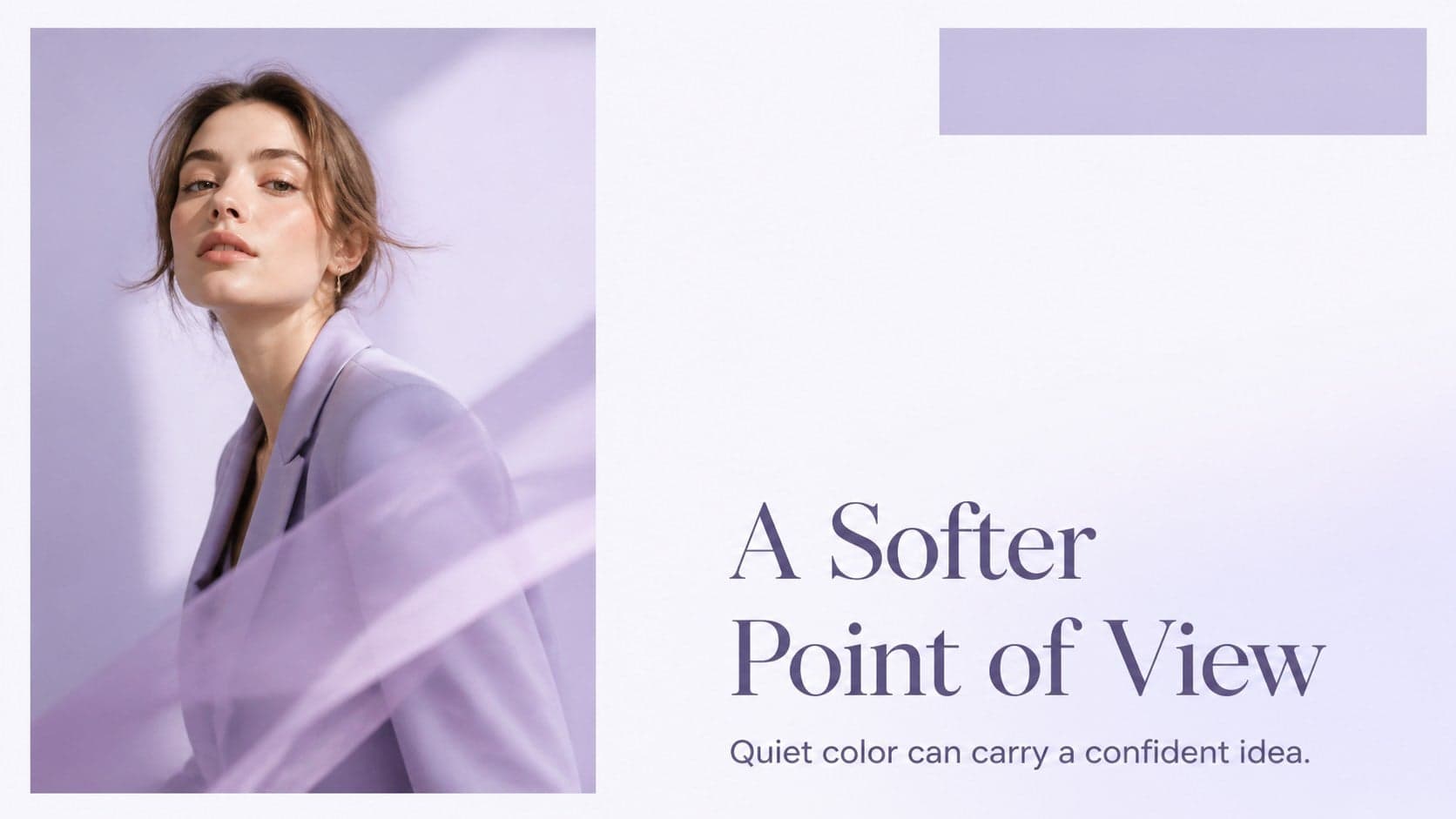 Image-led fashion concept slide with lavender accents and editorial typography.