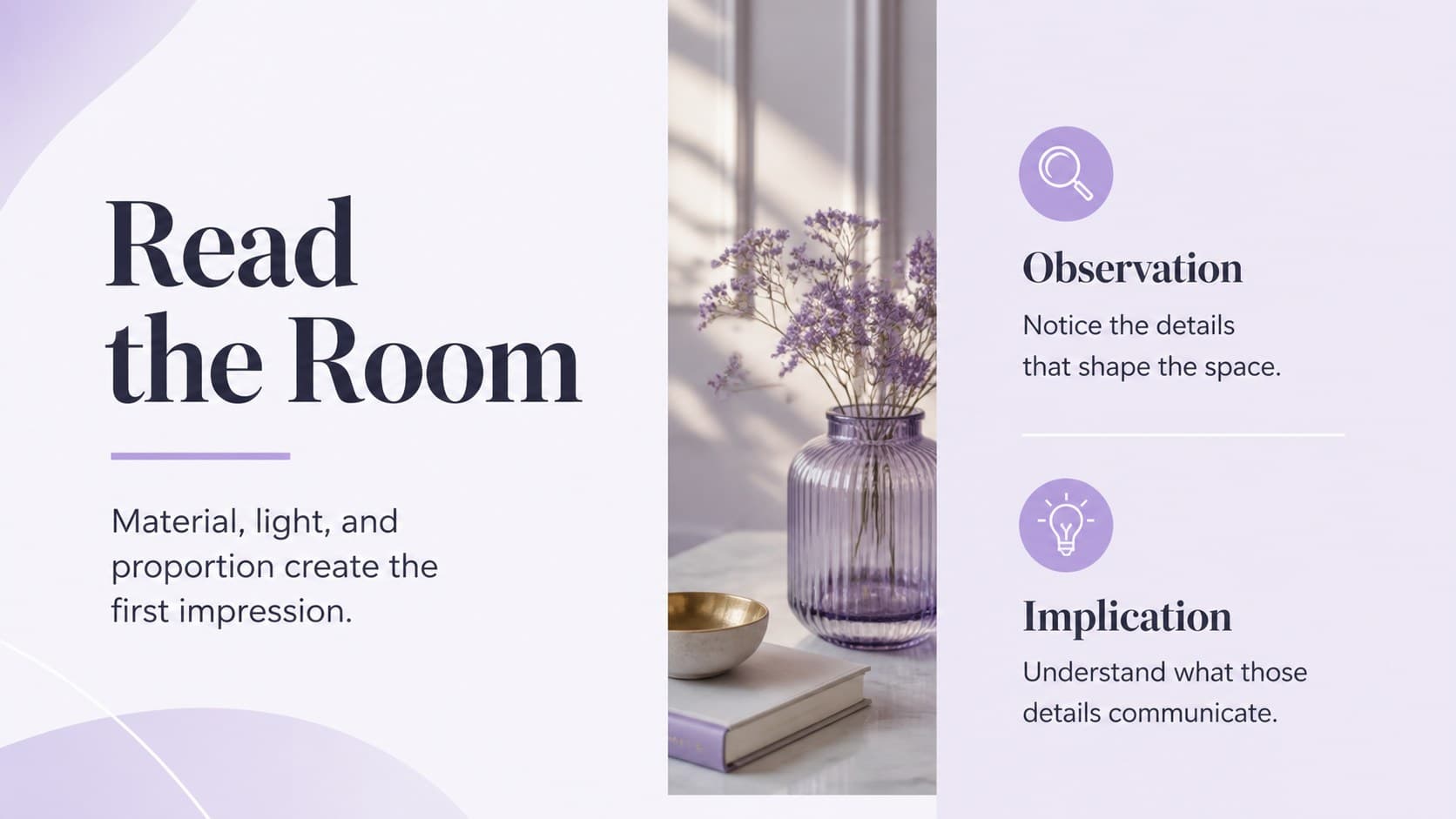 Two-column editorial analysis slide for a modern decor presentation template.