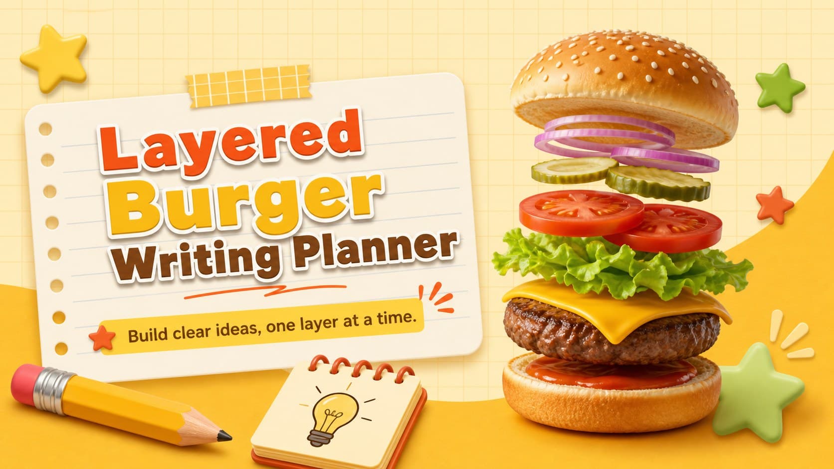 Cover of a layered burger writing planner with bright yellow 3D classroom graphics.