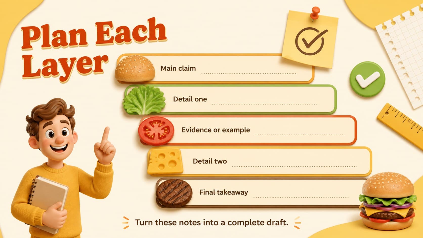 Burger essay planning template with editable sections for a claim, details, evidence, and final takeaway.
