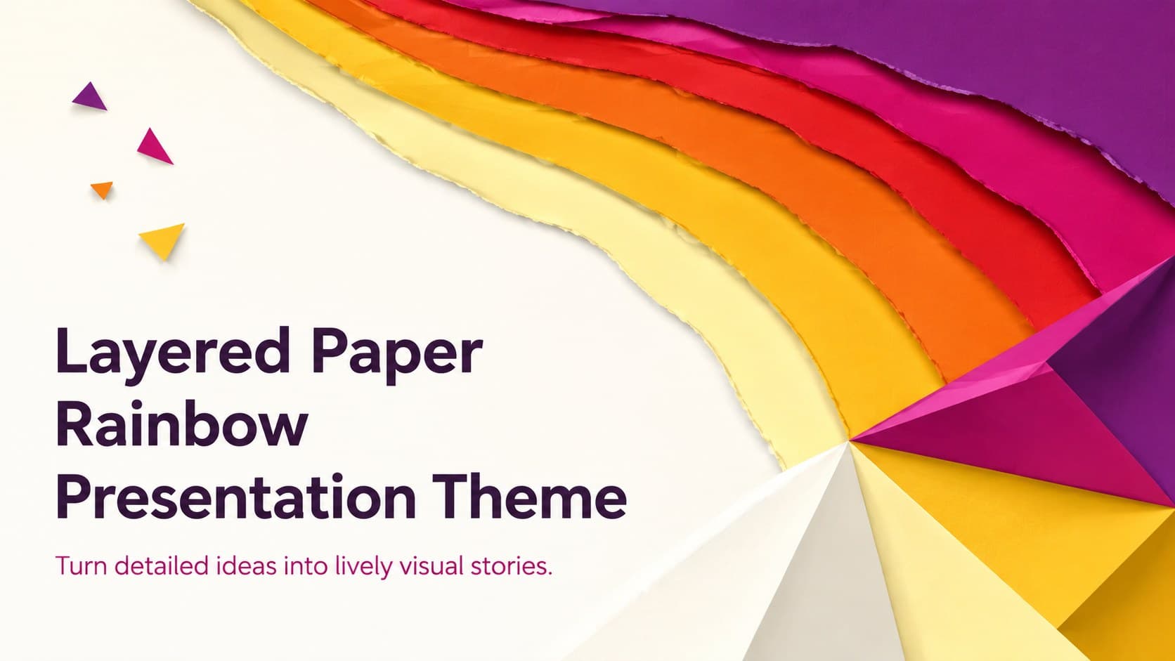 Cover for the Layered Paper Rainbow Presentation Theme with overlapping multicolor paper forms on a clean white background.