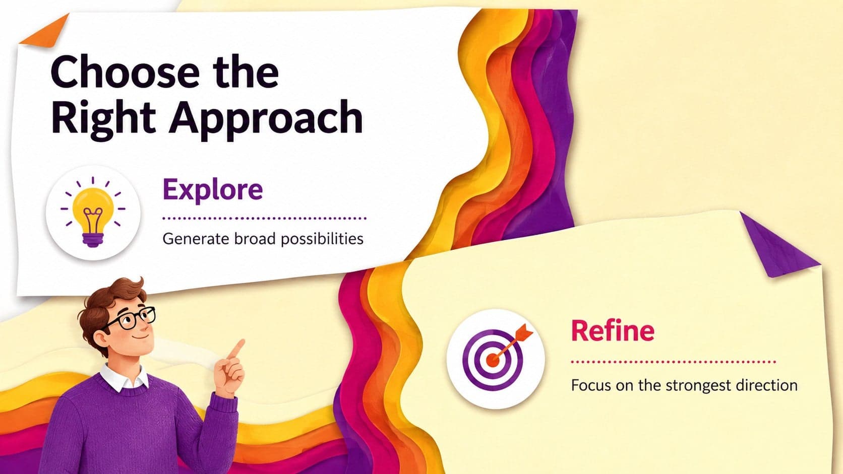 Colorful paper craft presentation slide comparing two creative approaches with contrasting layered shapes.