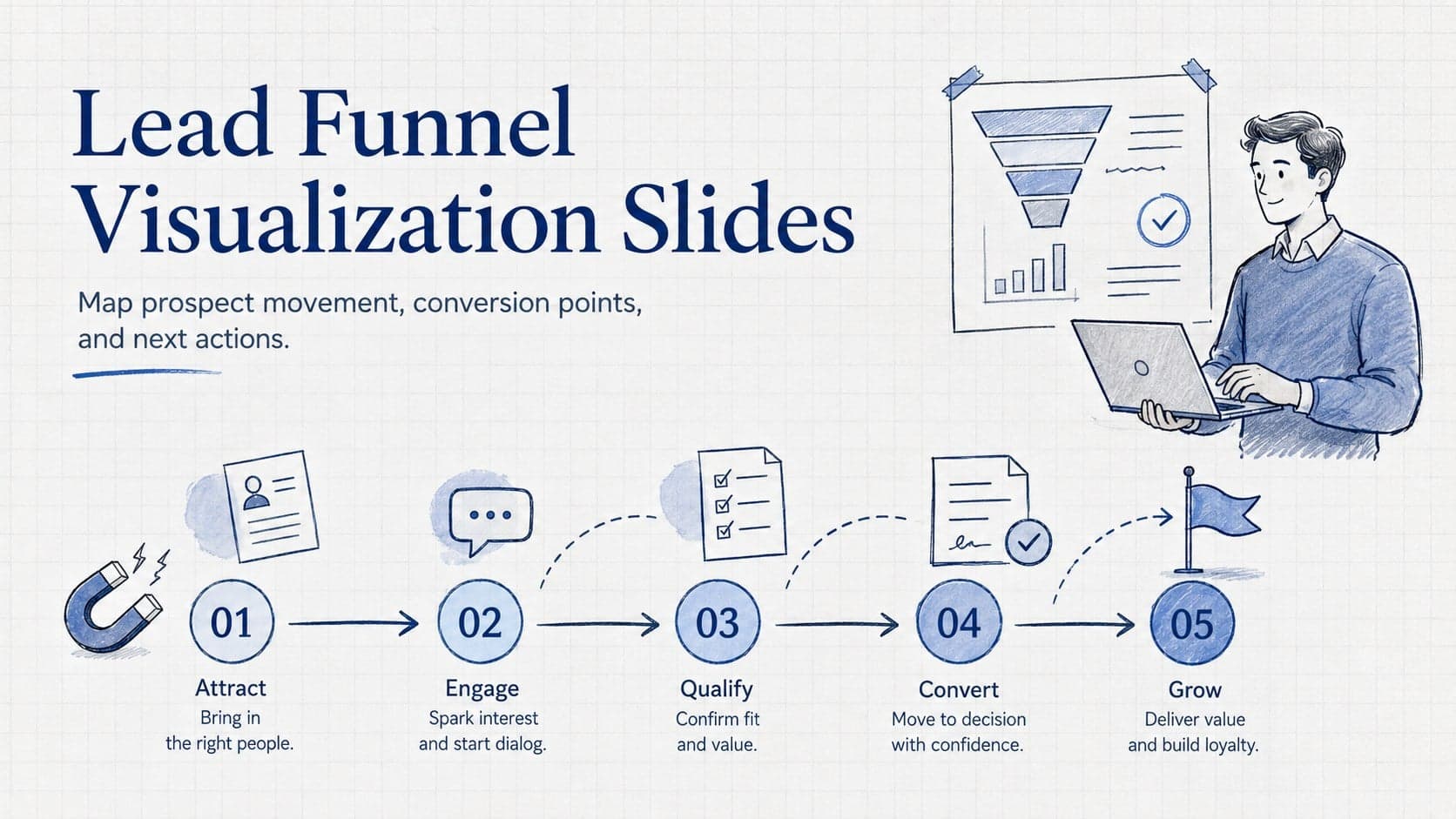 Lead Funnel Visualization Slides cover with a blue-and-grey sketched funnel and prospect journey markers.