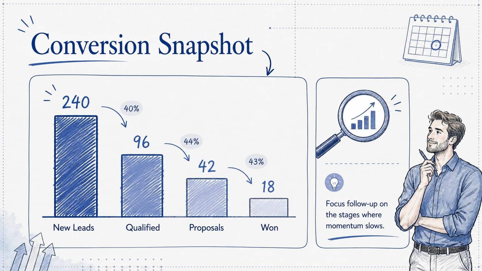 Blue-and-grey lead stage performance presentation with conversion metrics and a sketched opportunity flow diagram.