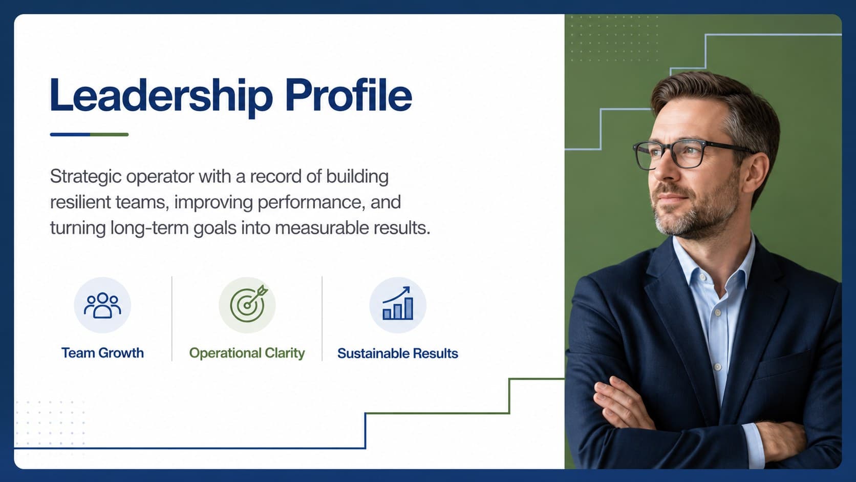 Executive job application slide deck page presenting a concise leadership profile and measurable achievements.