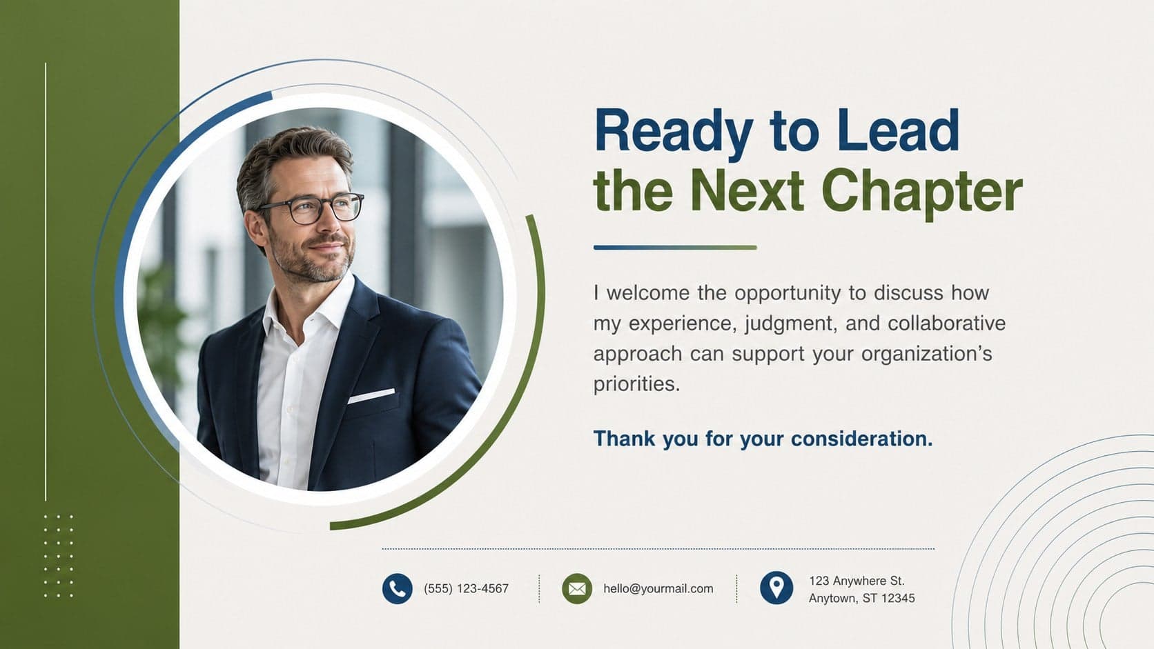 Closing page for a corporate leadership application template with a confident interview request.