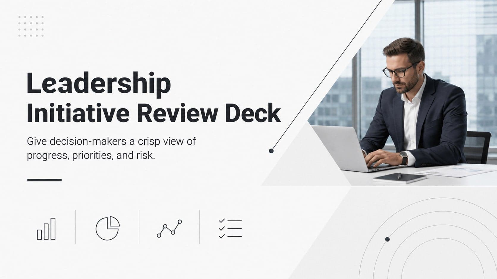 Minimal white cover for a Leadership Initiative Review Deck with a crisp executive briefing layout.
