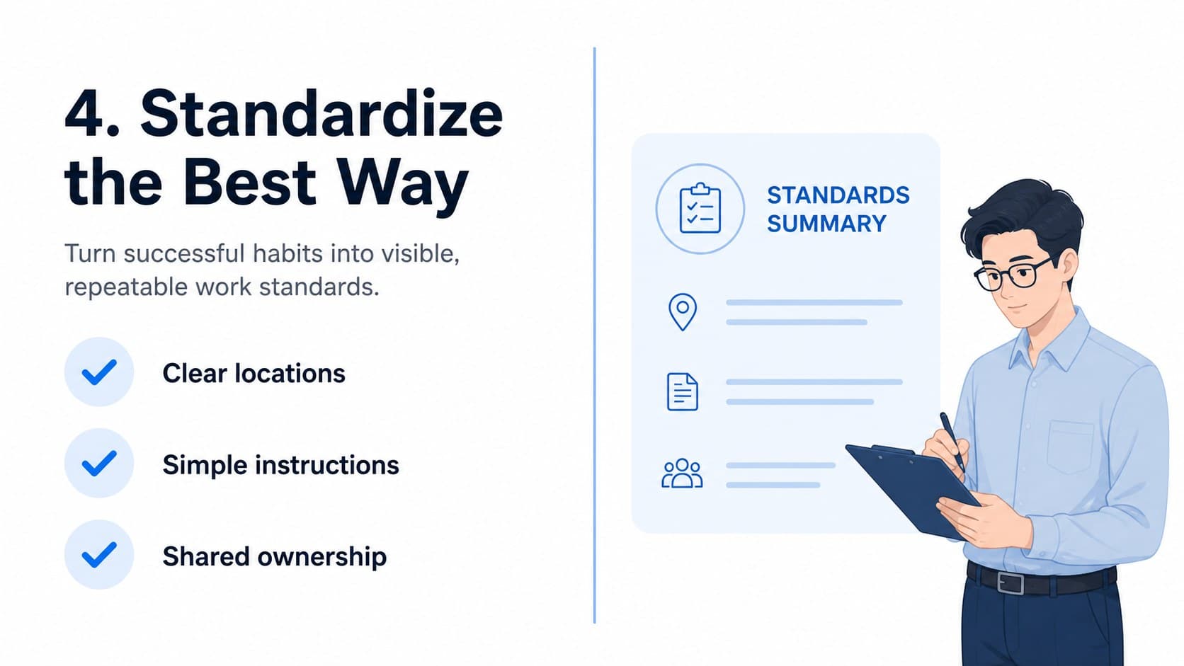 Standardize slide presenting a visual management checklist for continuous improvement training slides.