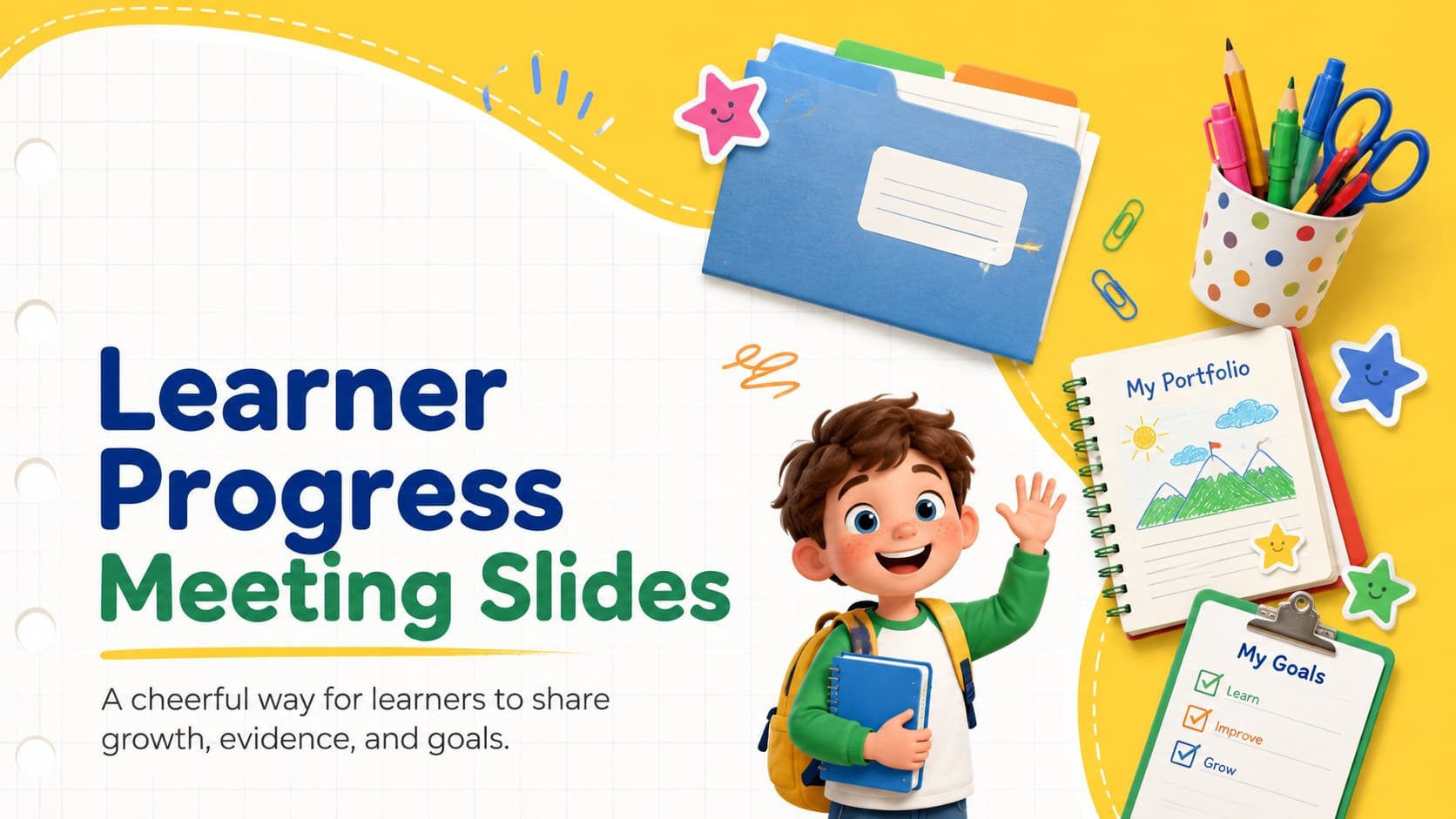 Bright yellow cover for Learner Progress Meeting Slides with playful school illustrations and a student-friendly subtitle.