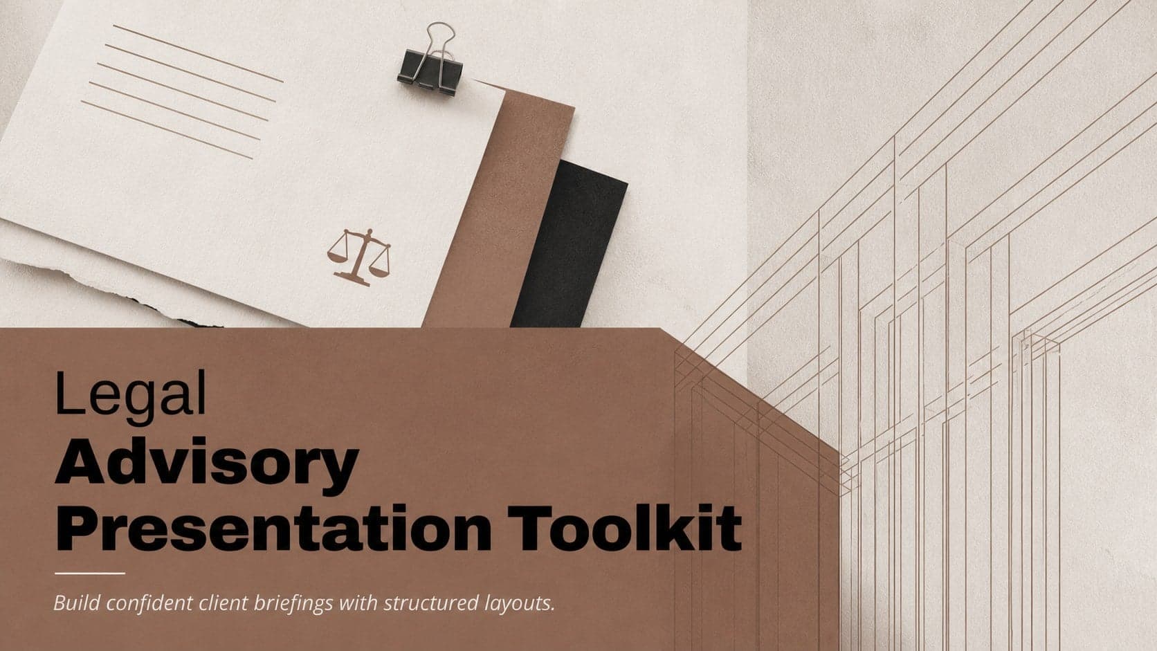 Cover of a brown, black, and white legal advisory presentation toolkit with modern geometric accents.