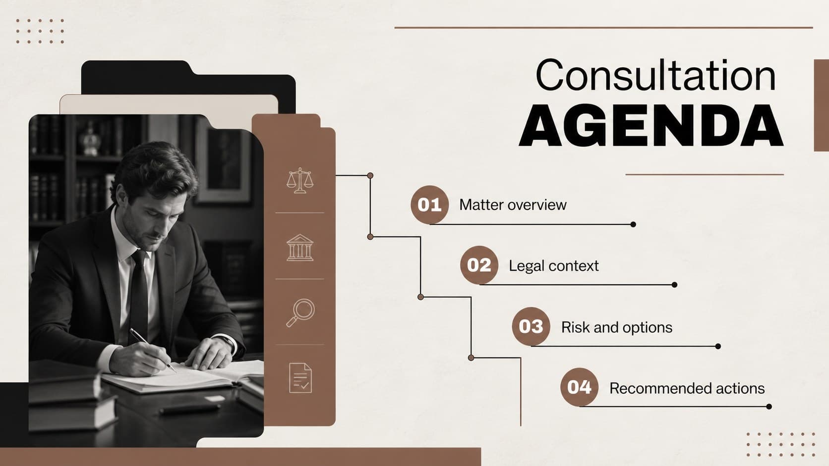 Consultation agenda slide from a legal advisory presentation toolkit with four structured discussion topics.