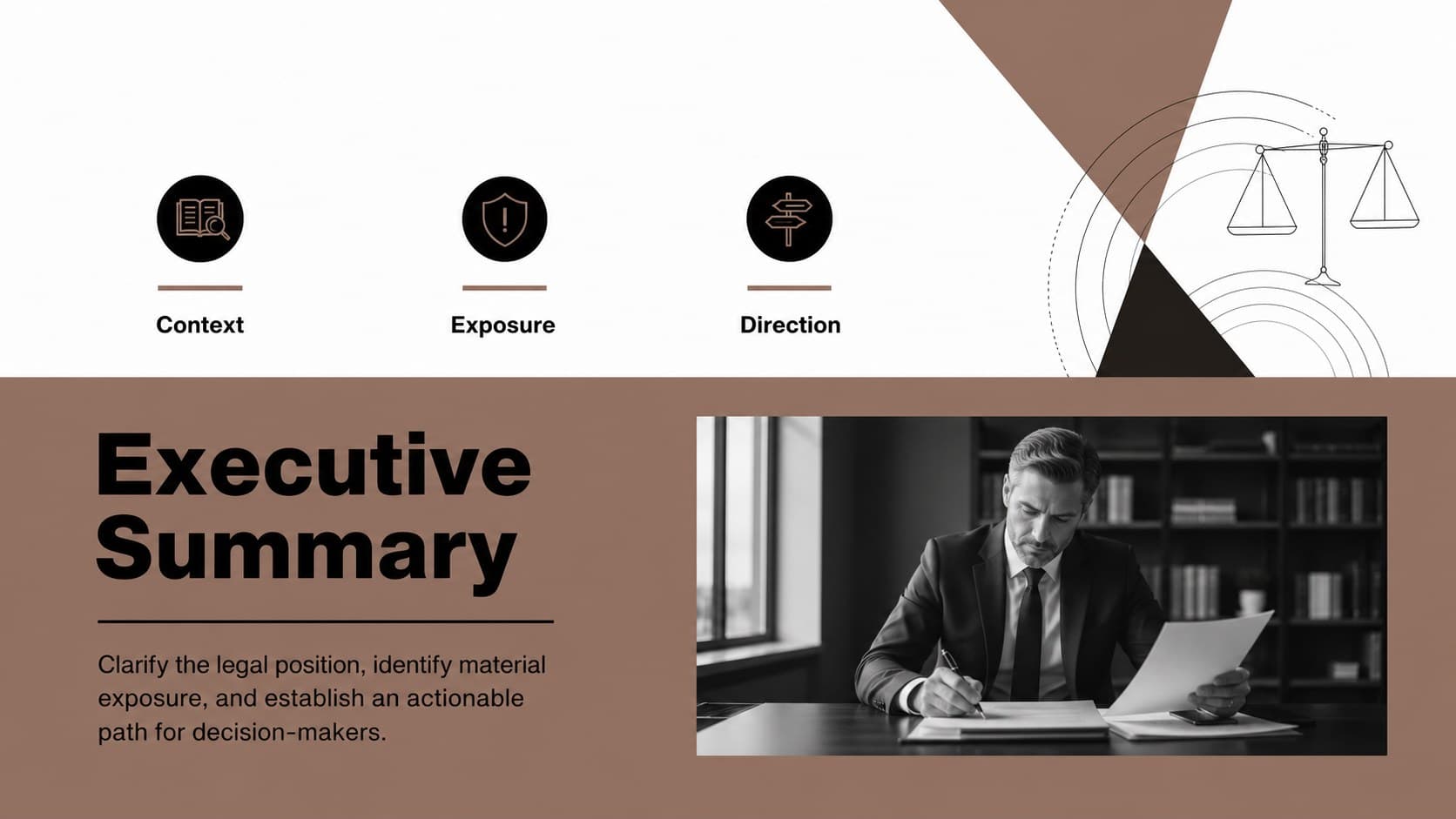 Executive summary slide presenting the central objective and priorities of a corporate legal strategy presentation.