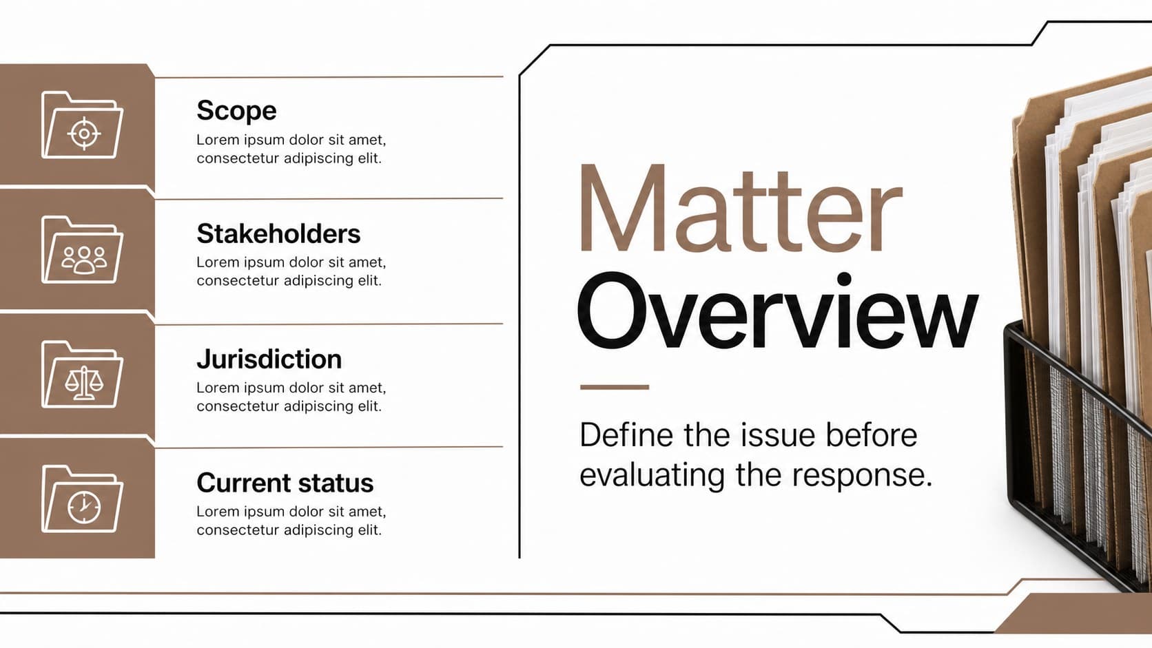 Legal matter overview slide showing scope, stakeholders, jurisdiction, and current status.