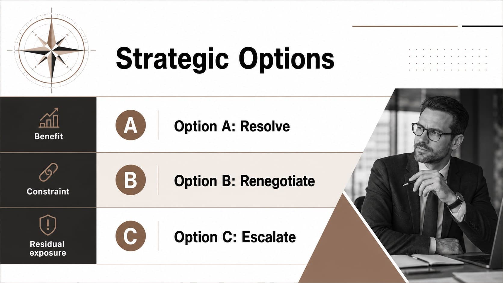 Strategic options slide comparing three legal response paths by benefit, constraint, and exposure.