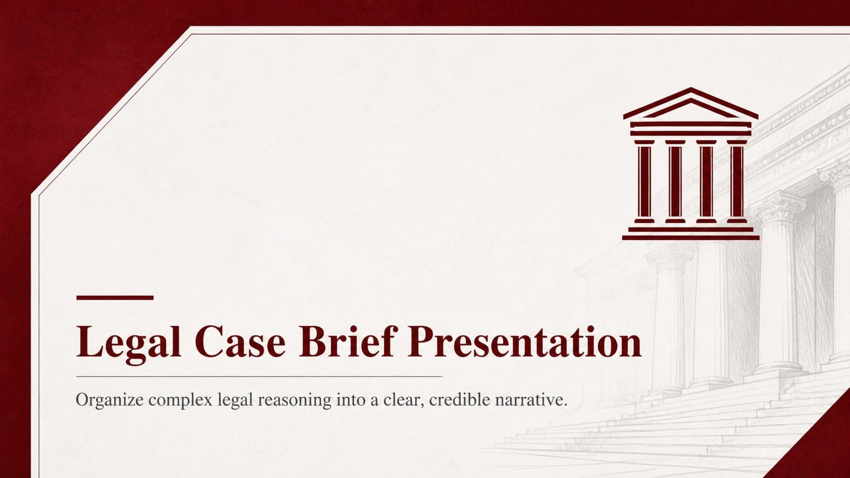 Cover of a legal case brief presentation with formal red accents and a refined justice symbol.
