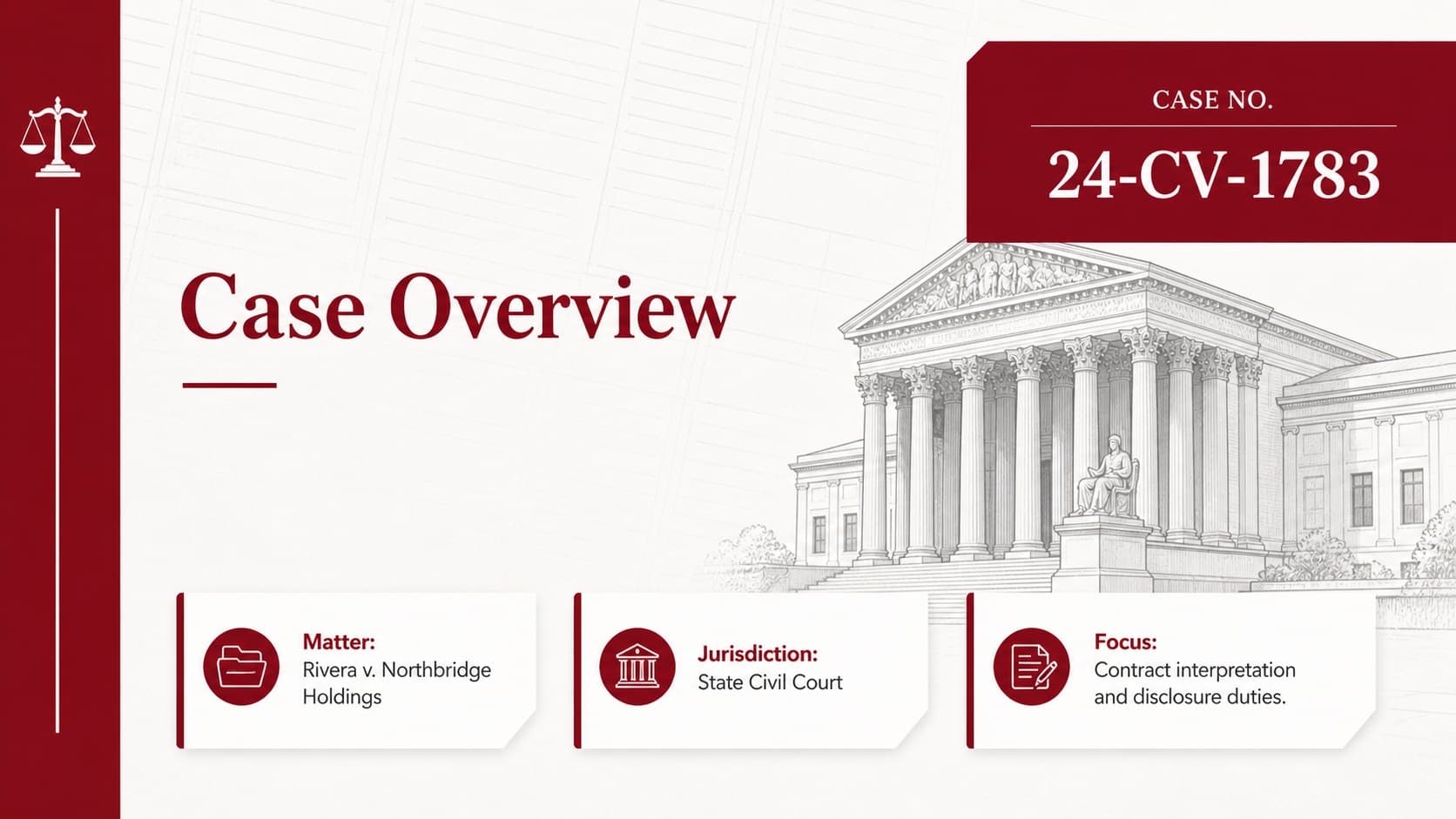 Case overview layout from a formal legal case analysis presentation in red and white.