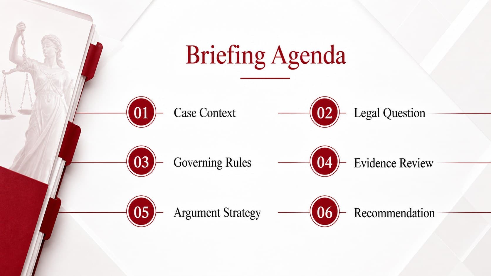 Agenda slide outlining sections of a legal case brief presentation.