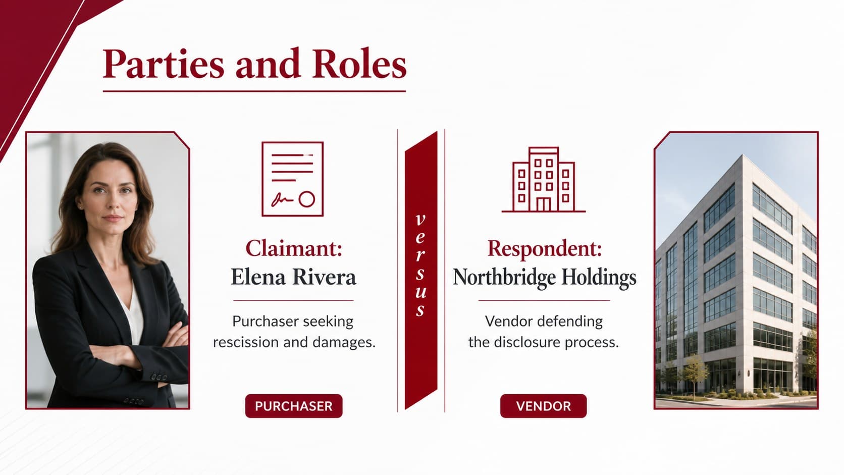 Parties and roles comparison slide for a professional law firm client presentation.