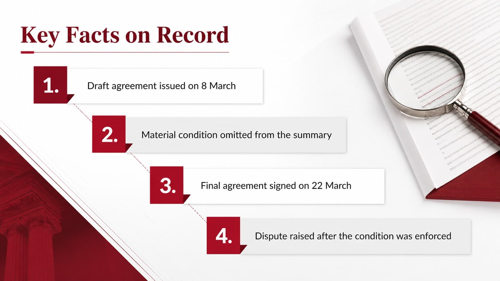Key facts layout organizing evidence for a legal case analysis PowerPoint.