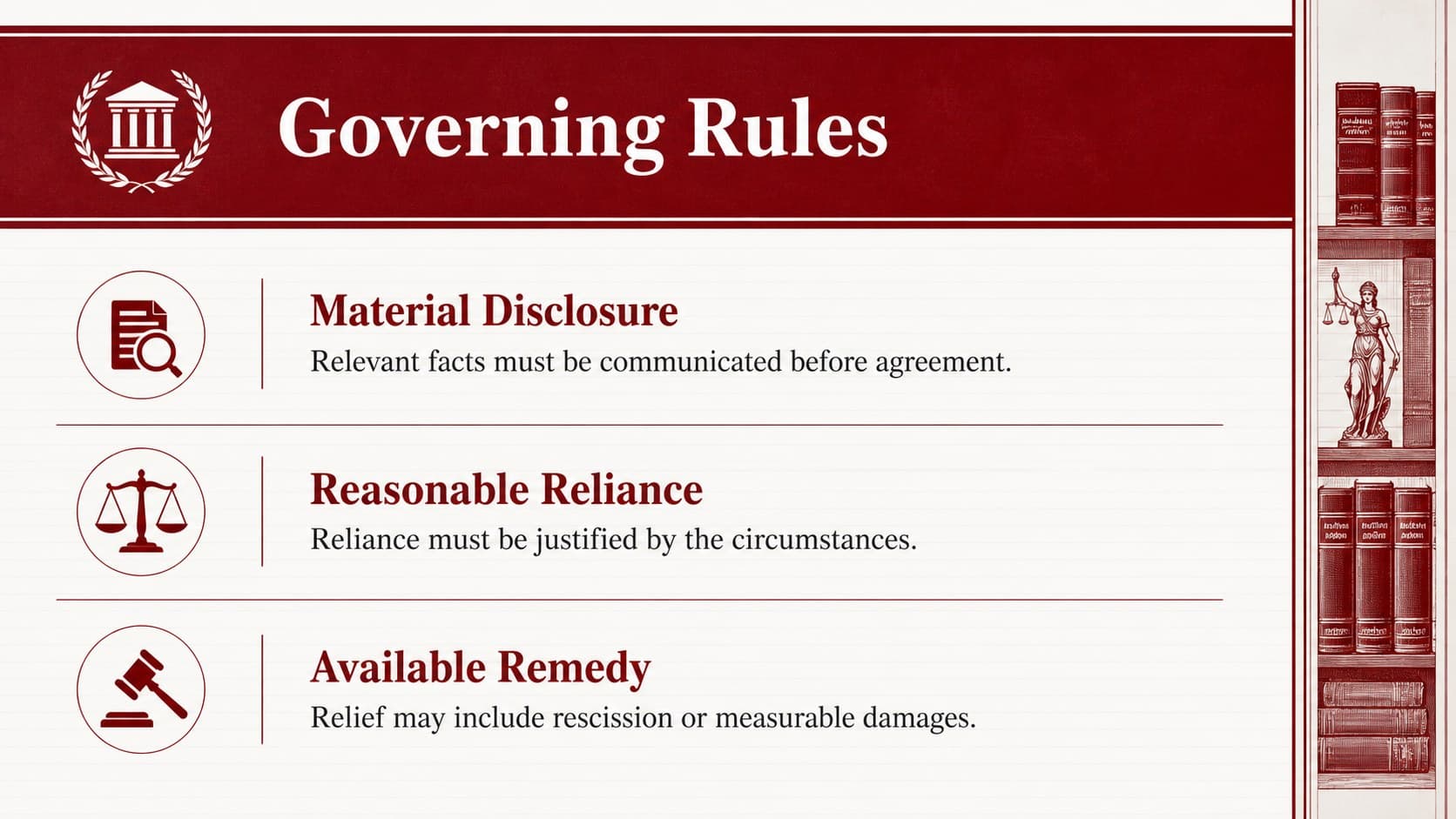 Governing rules slide summarizing legal standards in a formal justice presentation.
