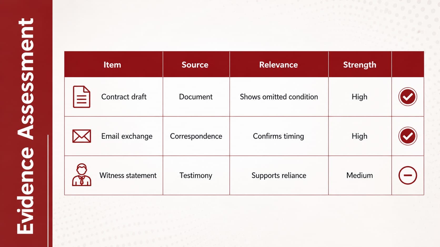 Red-and-white legal evidence matrix comparing documents, testimony, and relevance.