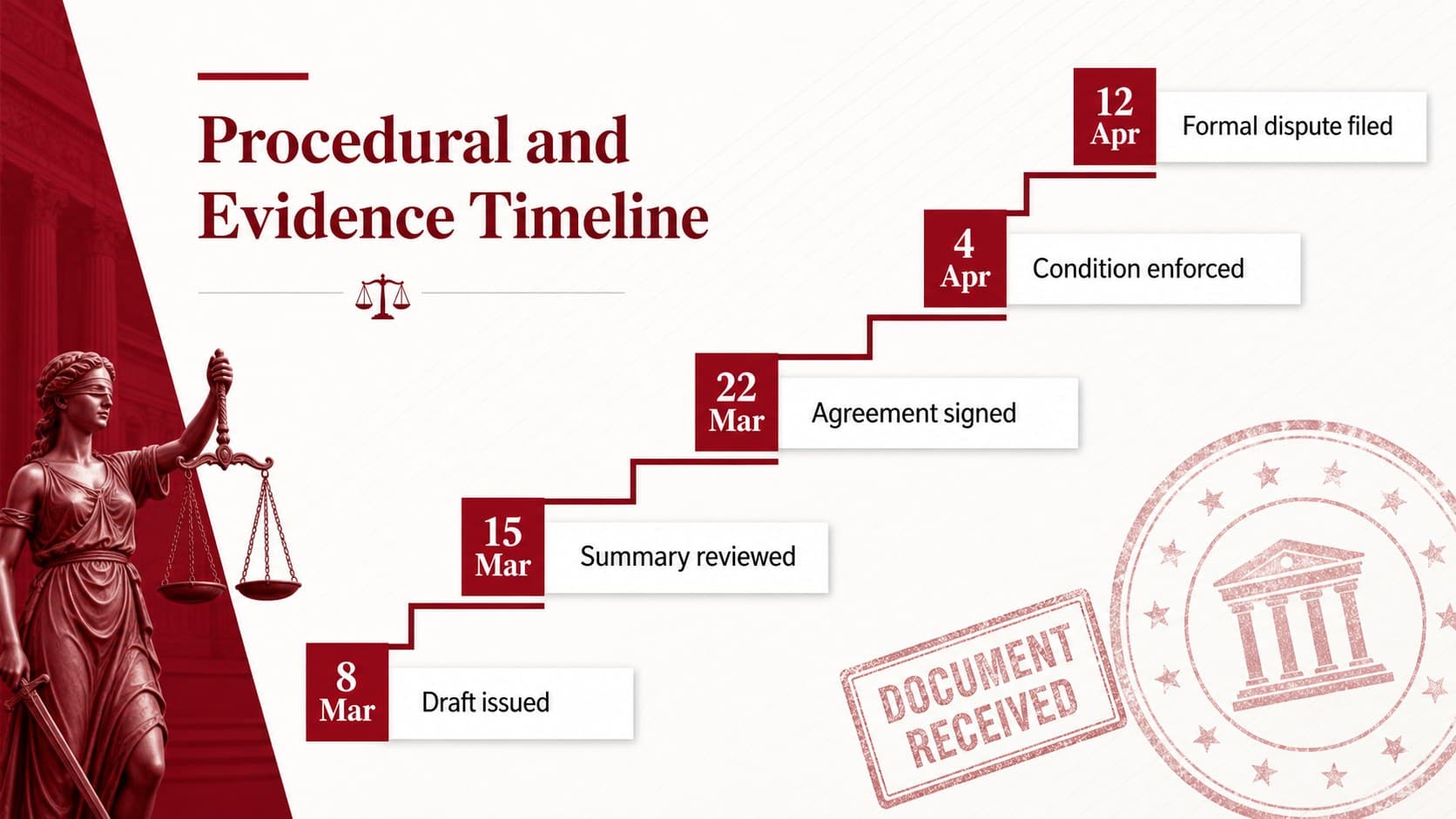 Legal evidence timeline slide showing key filings, agreements, and dispute dates.