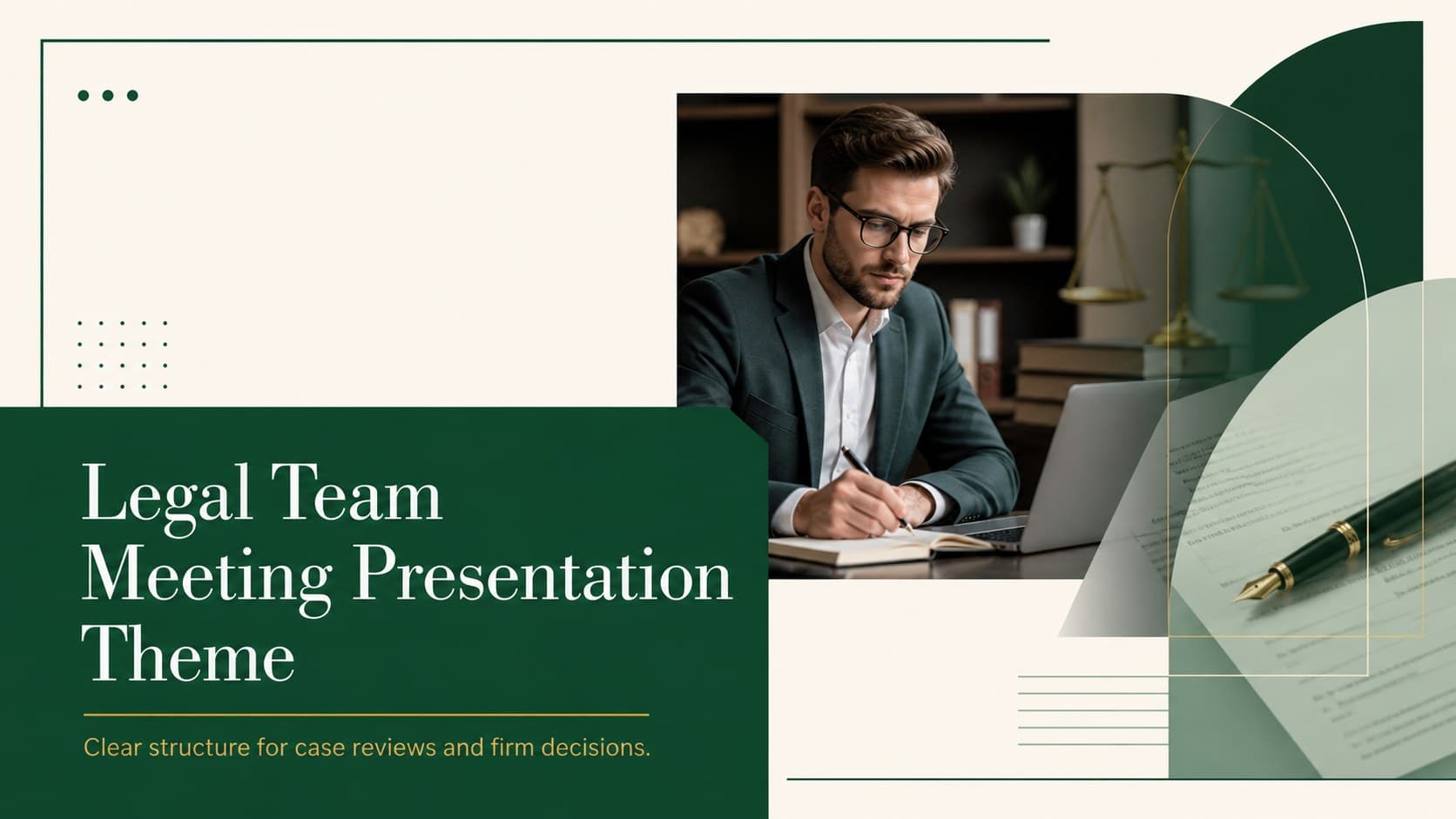 Cover slide for a legal team meeting presentation theme with elegant green typography and a refined law firm setting.