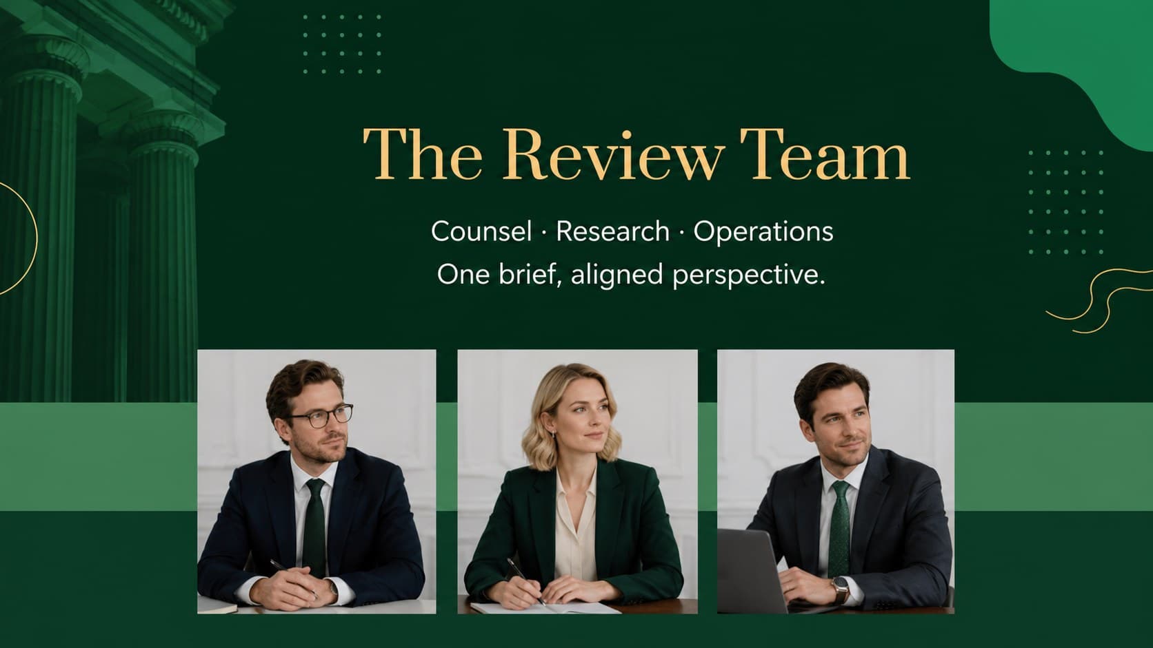 Law firm presentation slide introducing team roles with green editorial styling and professional portrait placeholders.