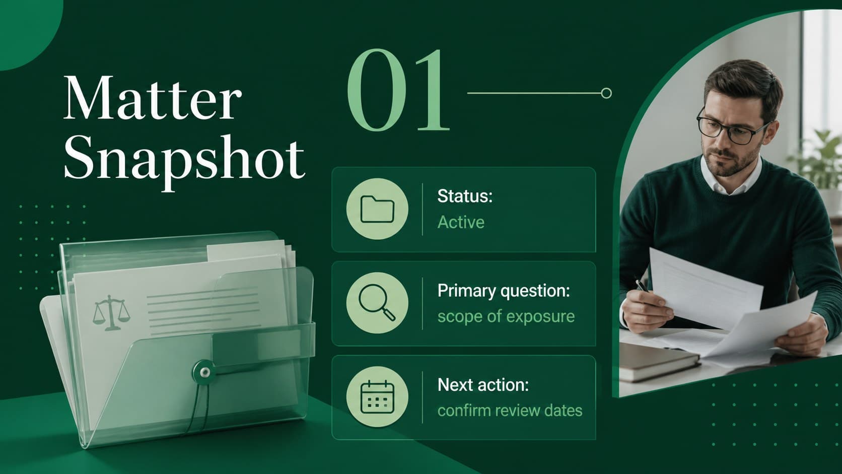 Legal case review slide summarizing matter status, risks, and next actions in a green corporate layout.