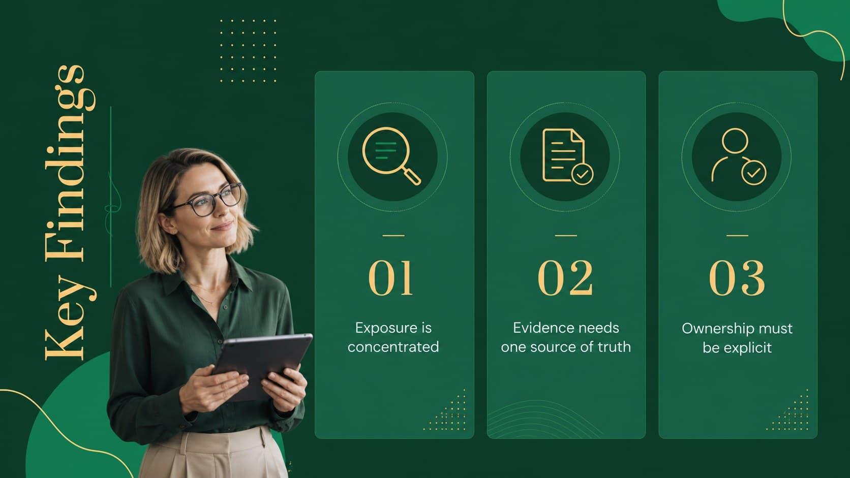 Corporate legal briefing slide displaying key findings in three green information panels.