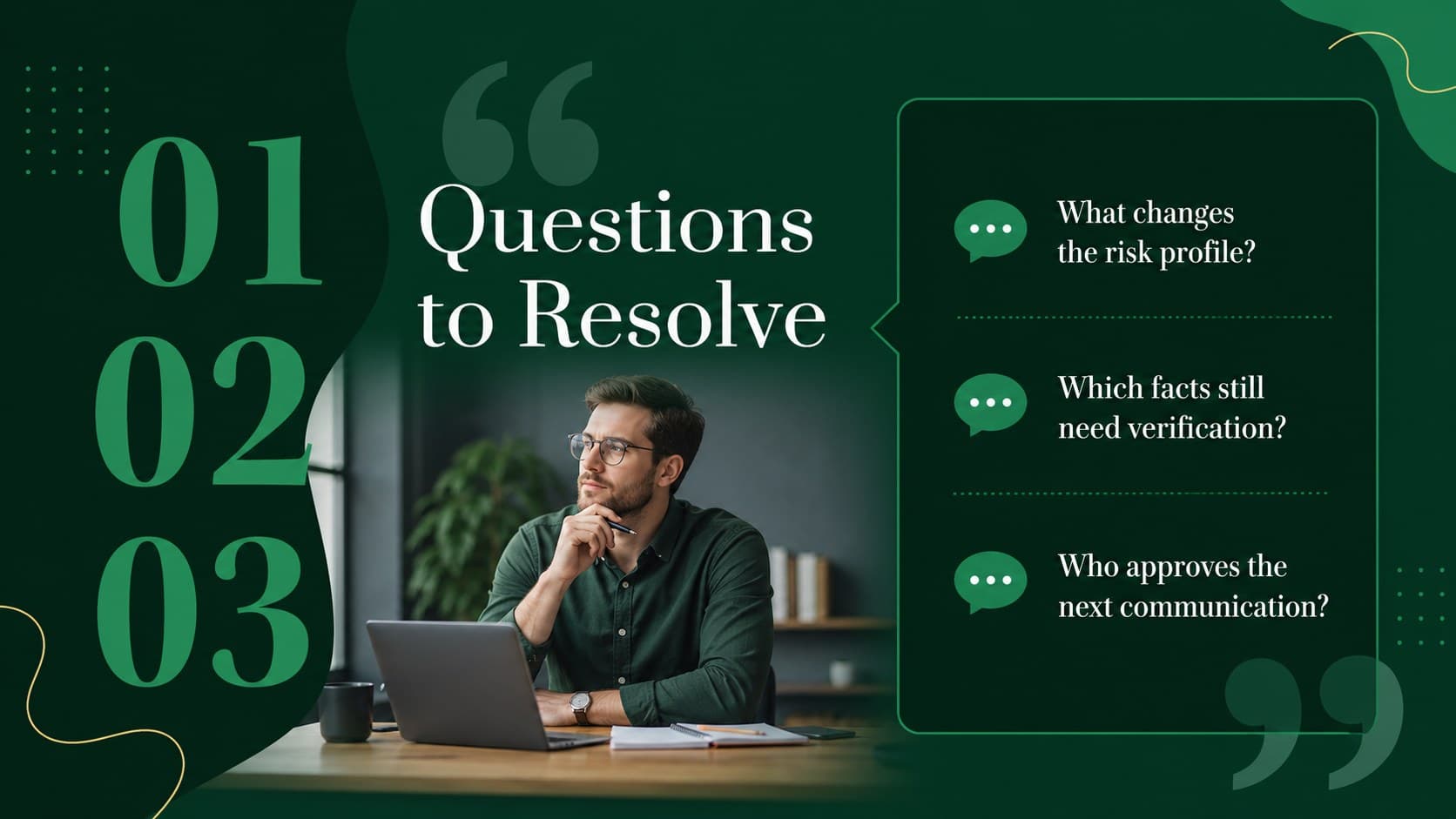 Attorney client presentation slide outlining questions and responses in a calm green legal design.
